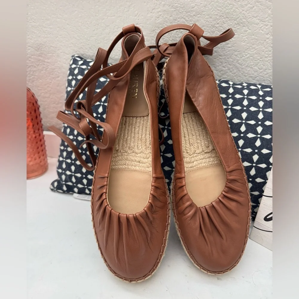 Size 11 leather lace up espadrilles Lauren COGNAC - Picture 3 of 8